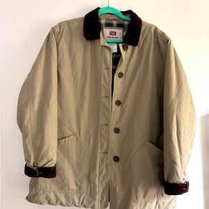 Vintage Y2K Men's Khaki Cotton Blend Jacket with Dark Brown Corduroy Collar